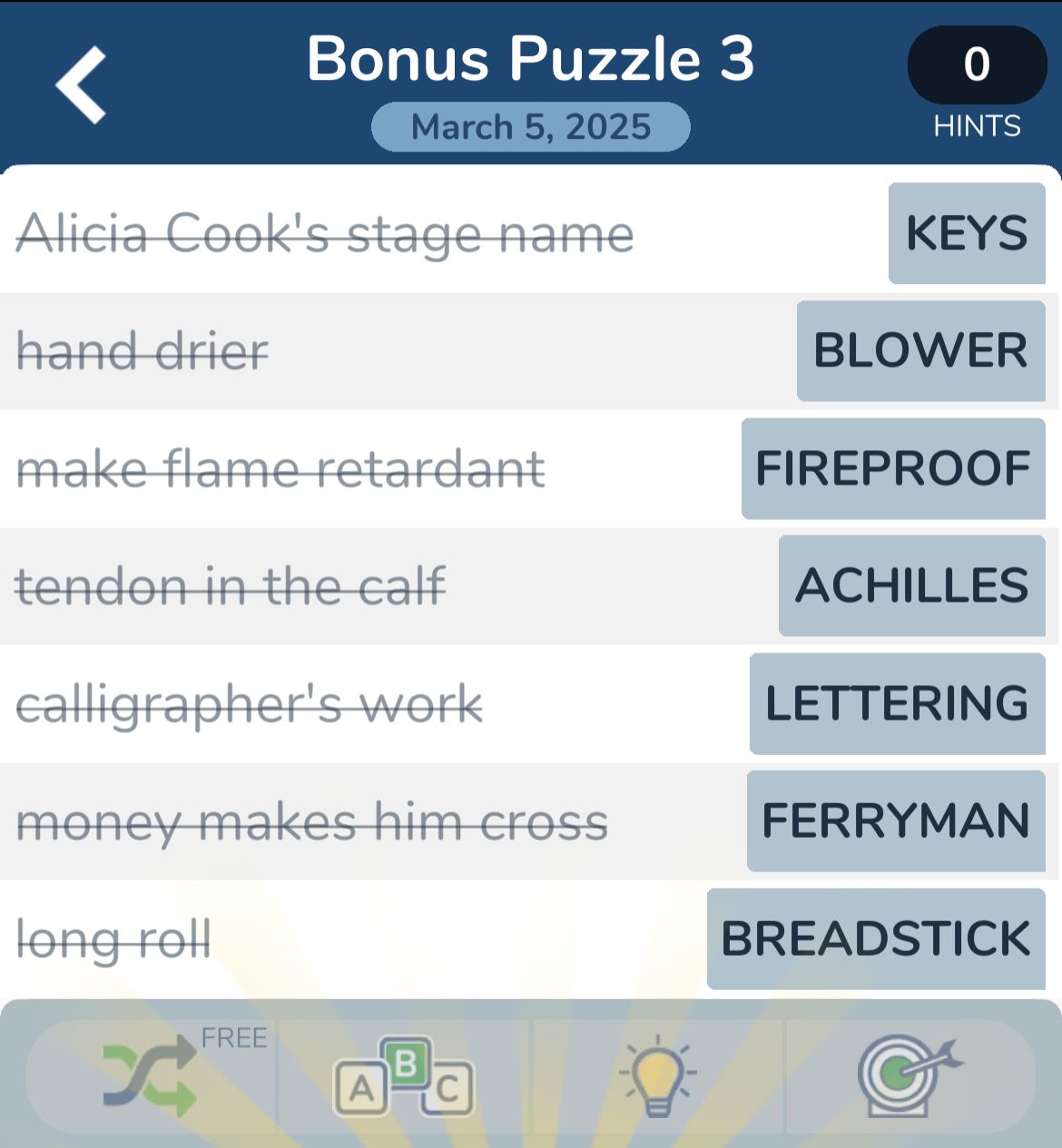 Bonus Puzzle 3, word clues and answers list.