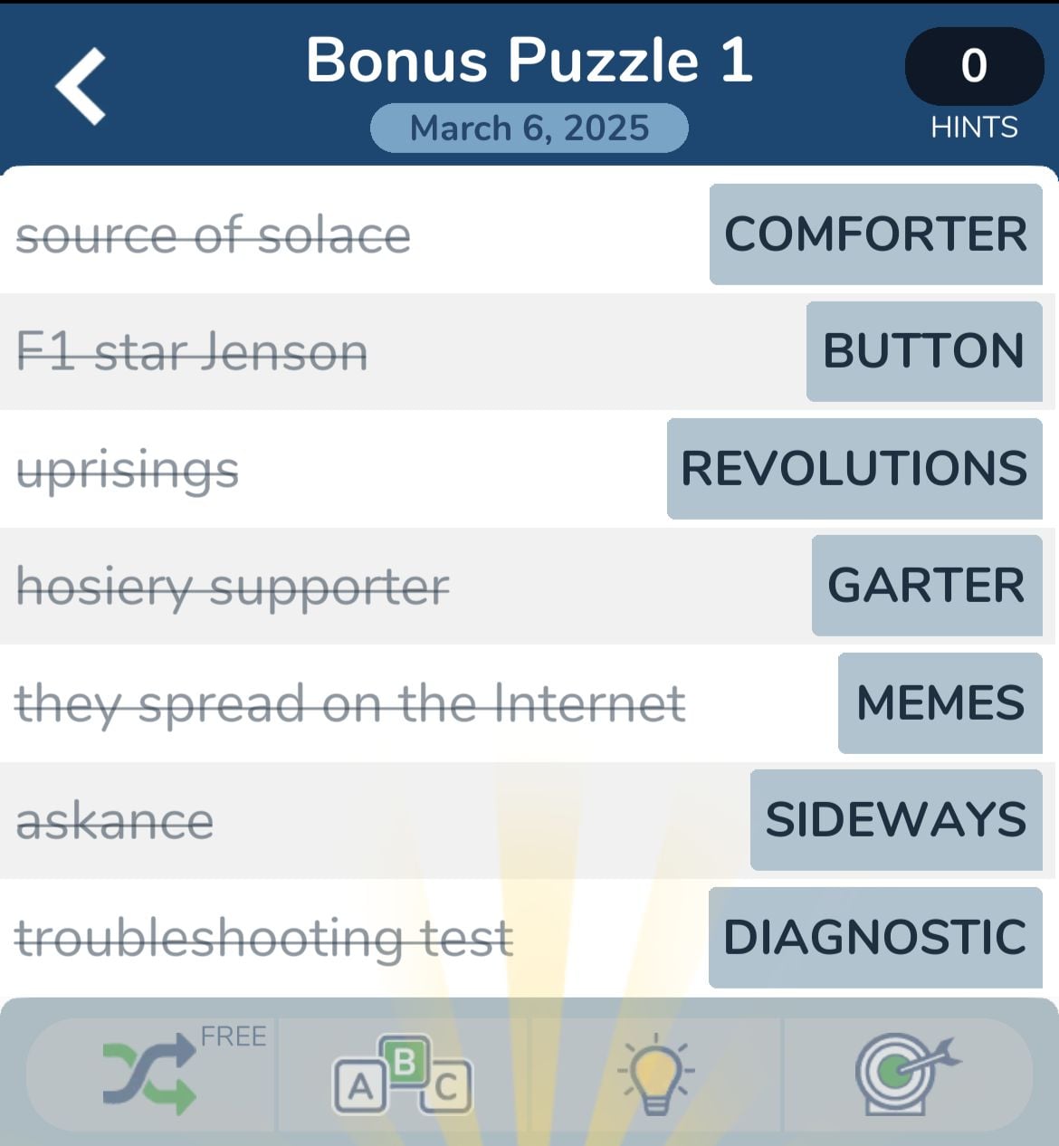 Daily crossword puzzle with six clues and answers.