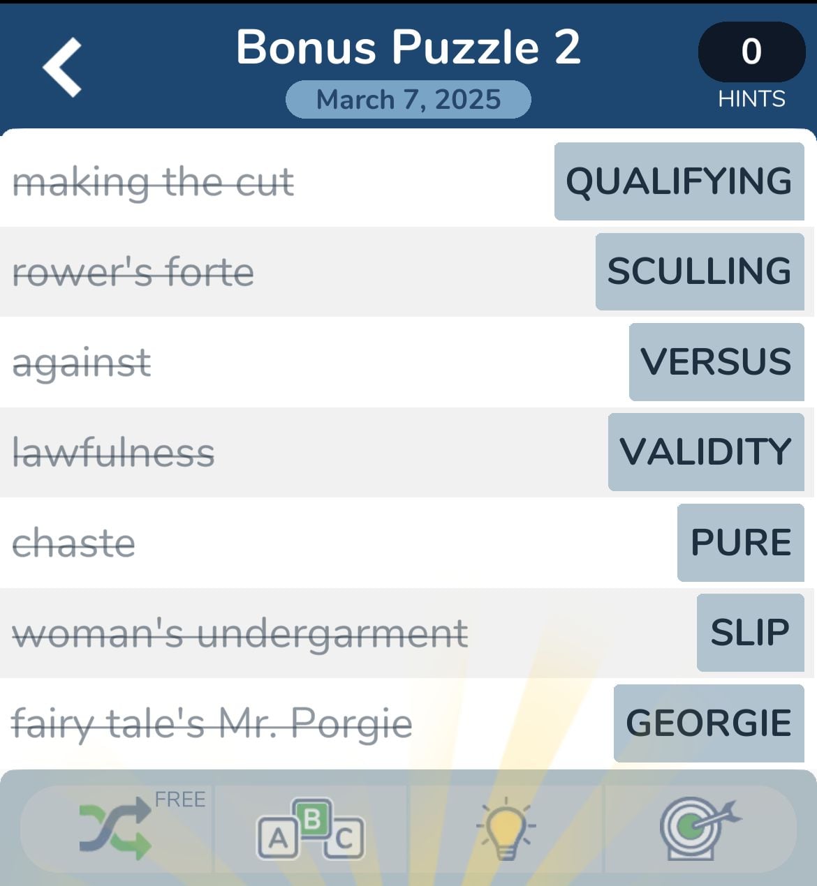 Crossword puzzle game interface with clues and answers.