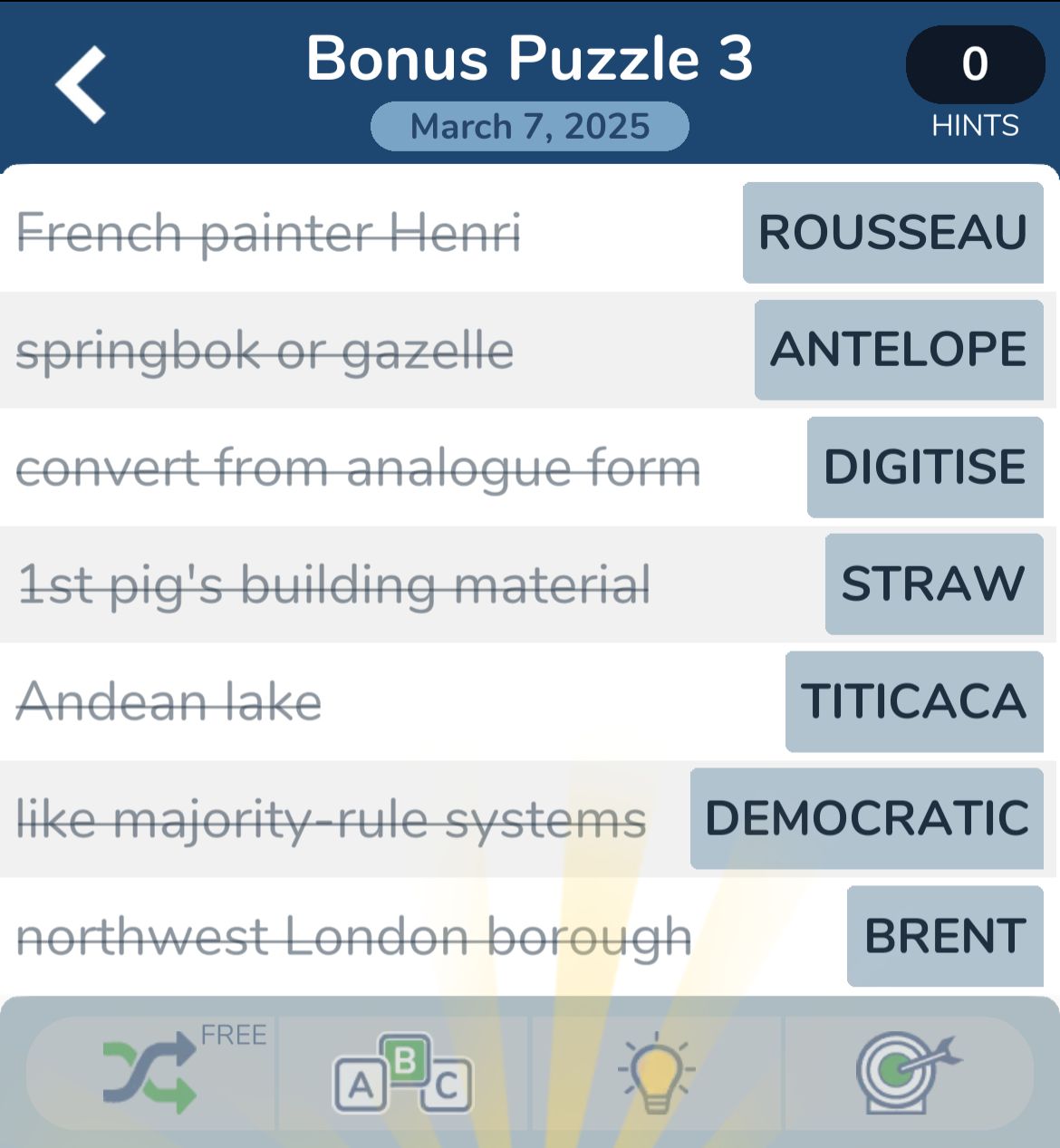 Bonus crossword puzzle answers for March 7, 2025.