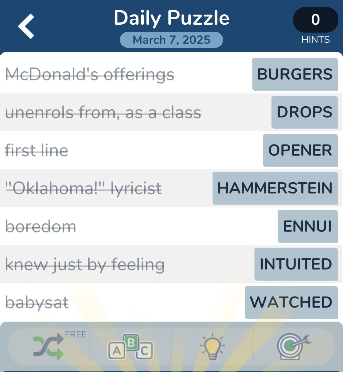 Daily crossword puzzle answers from March 7, 2025.