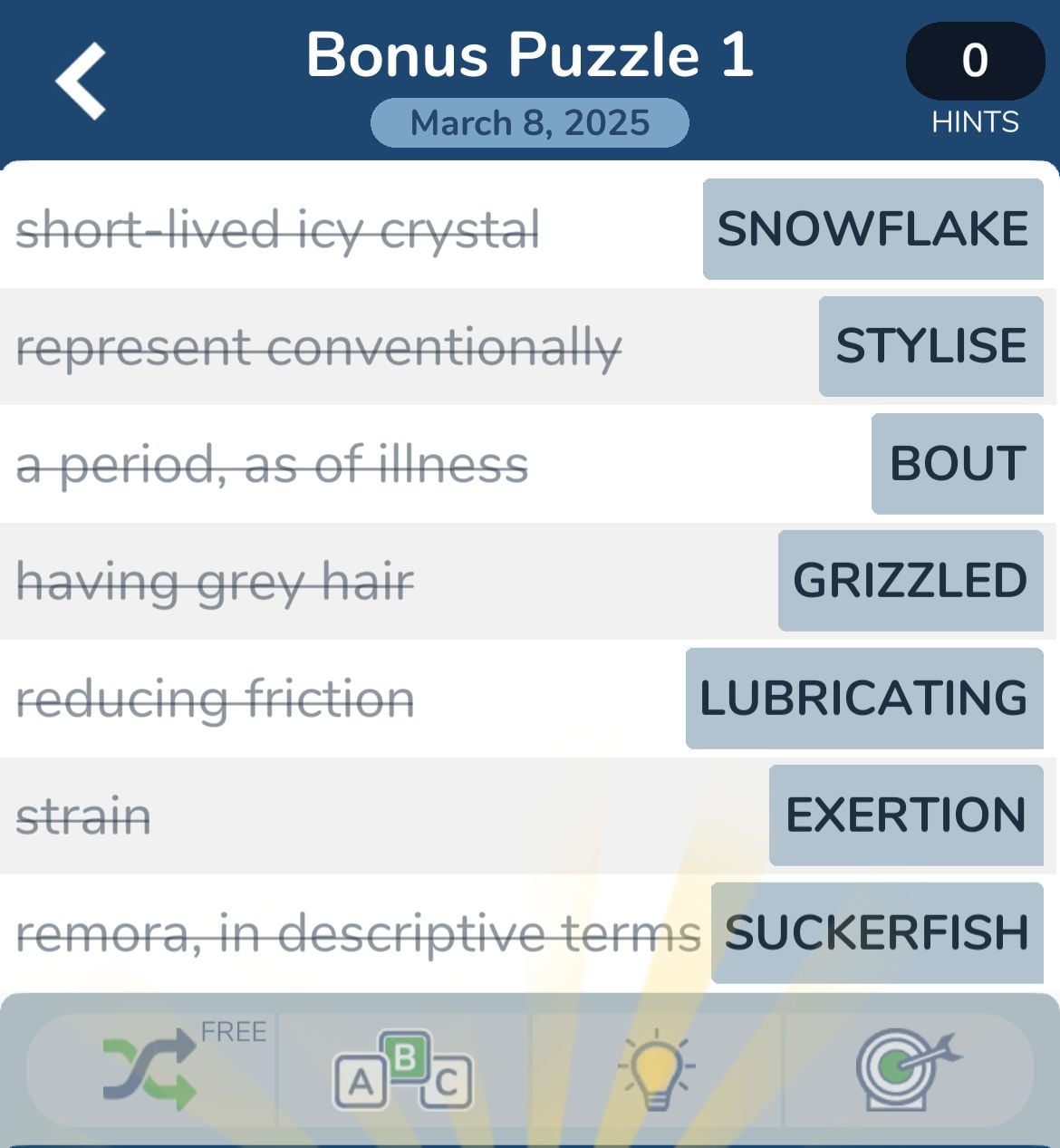 Word puzzle answers: snowflake, stylise, bout, grizzled.
