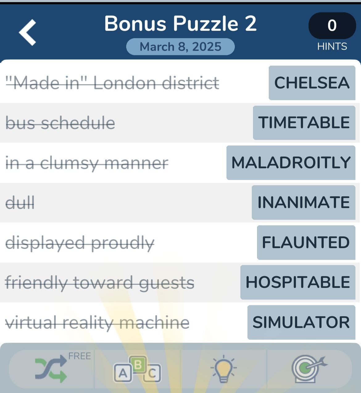 Word puzzle game with solution words revealed