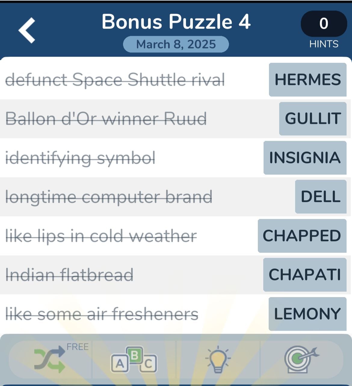 Word puzzle answers including Hermes, Gullit, Insignia.