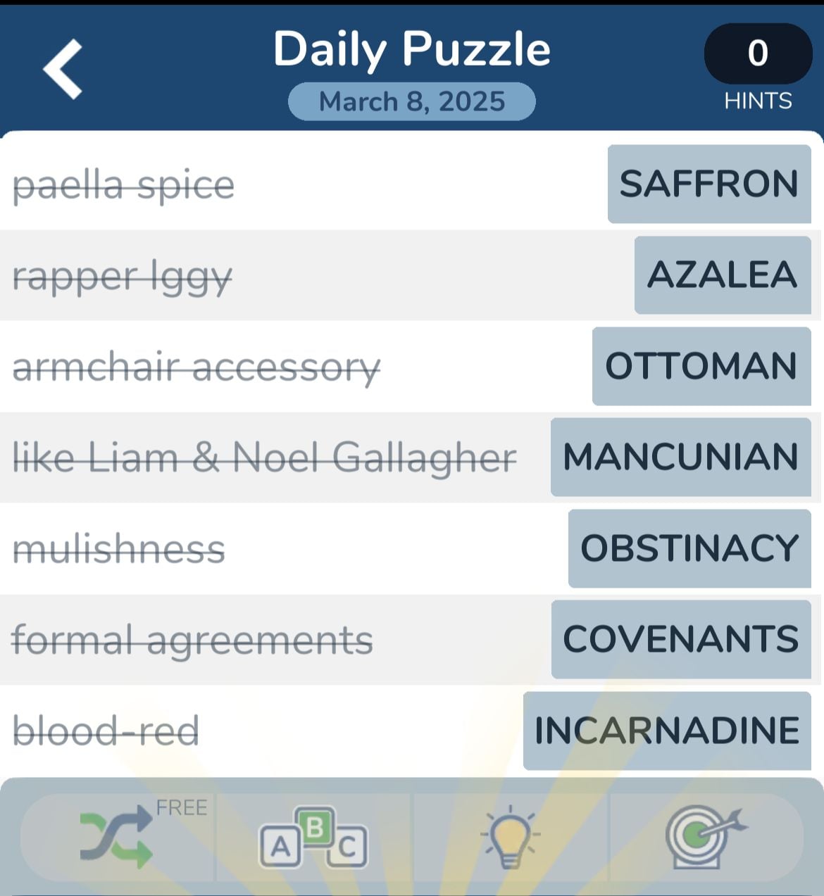 Word puzzle with clues and answers for March 8, 2025.