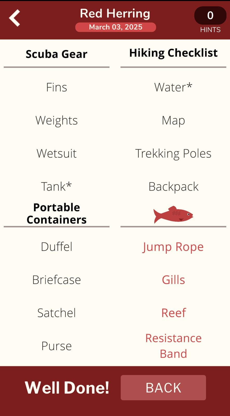 Red Herring game with words and categories.