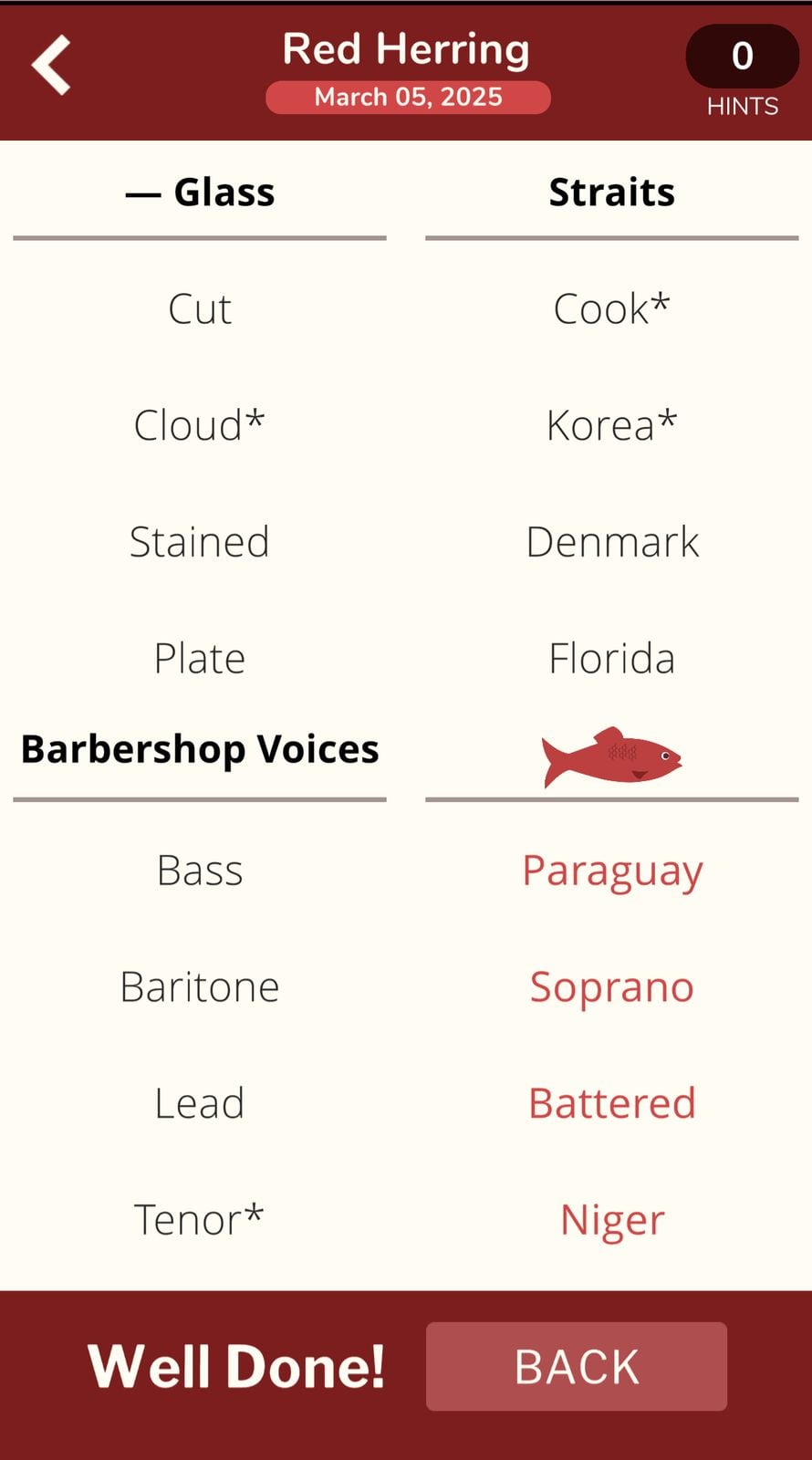 Red Herring game screen with word categories
