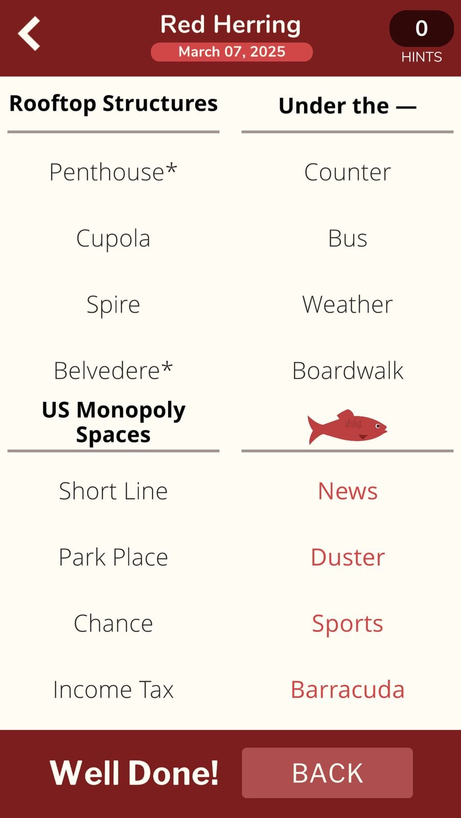 Red Herring puzzle game screen with categories.