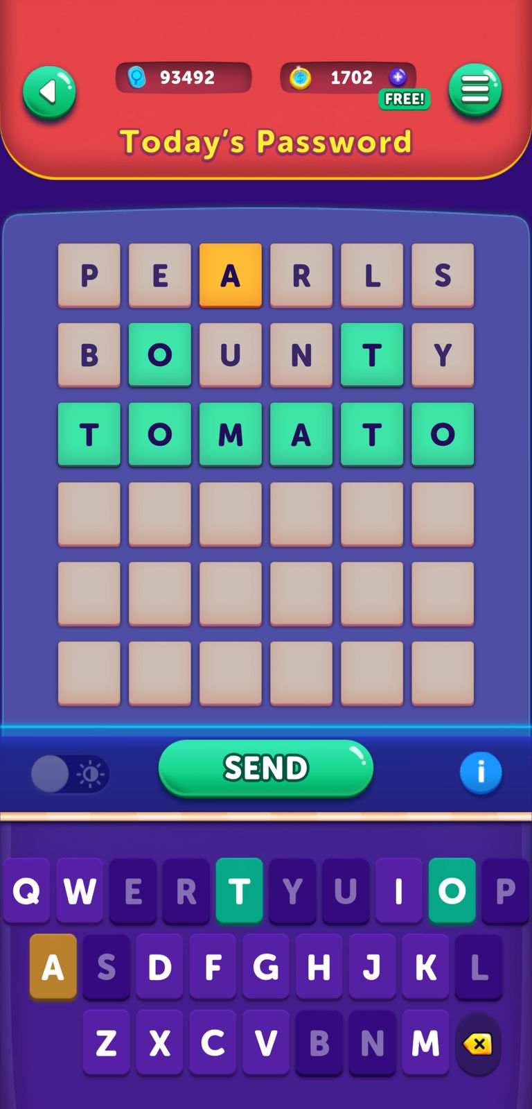 Word puzzle game screen with keyboard interface