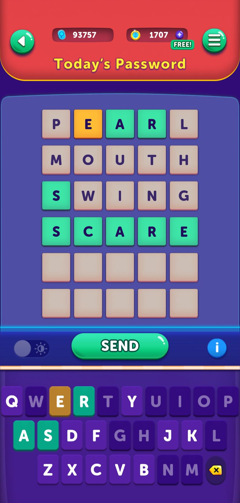 Word puzzle game interface with keyboard and words.