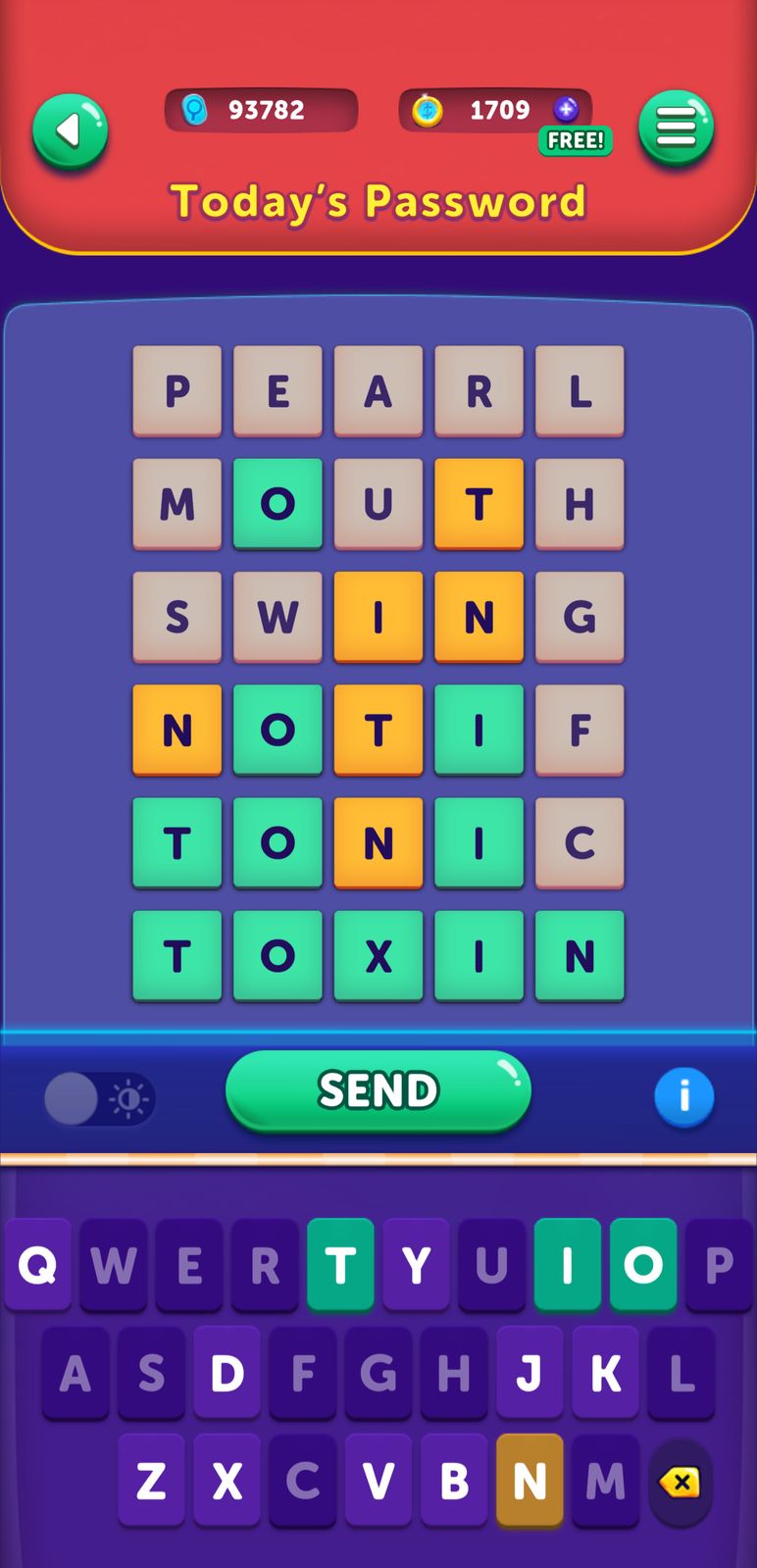 Word puzzle game interface with keyboard and words.