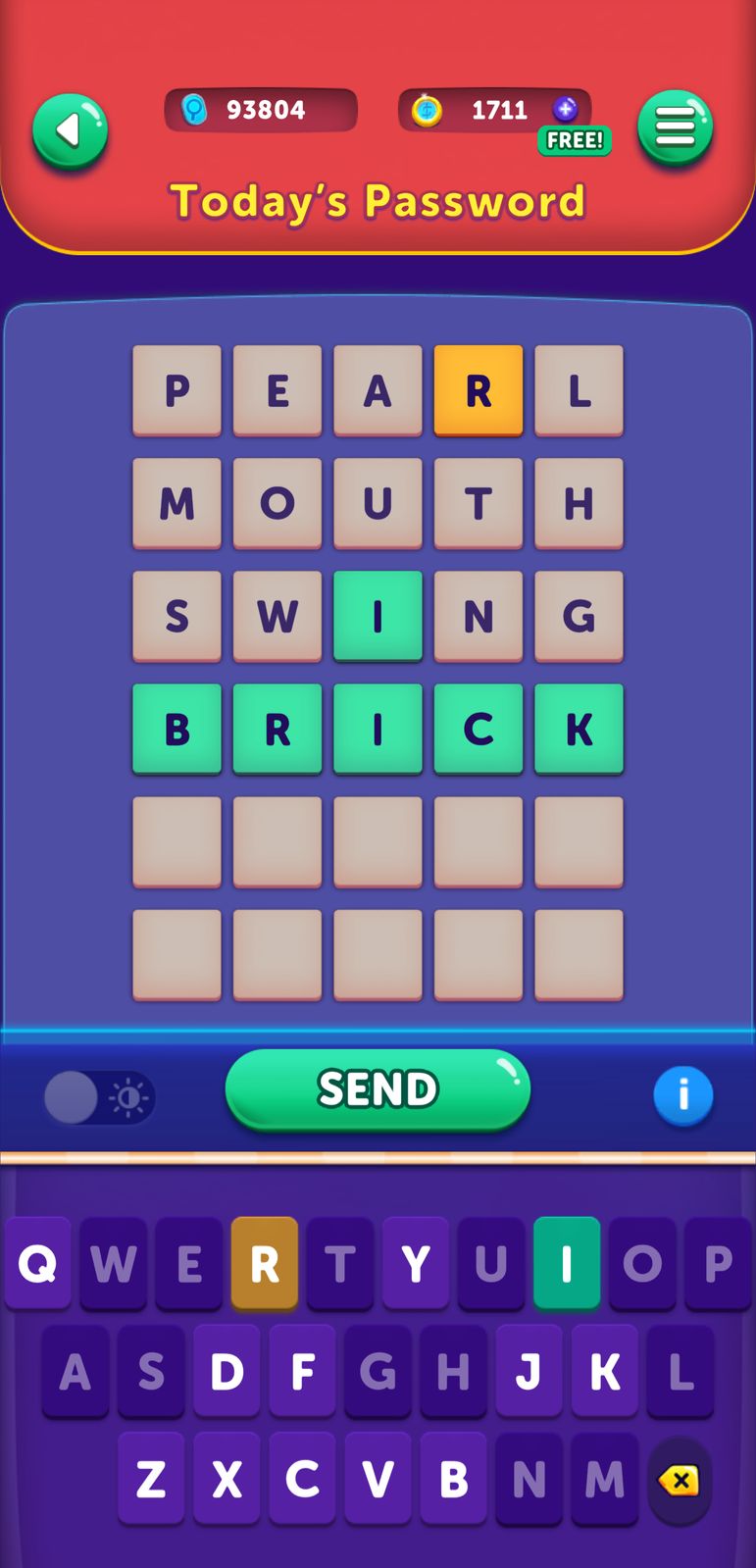 Word puzzle game with letters and send button.