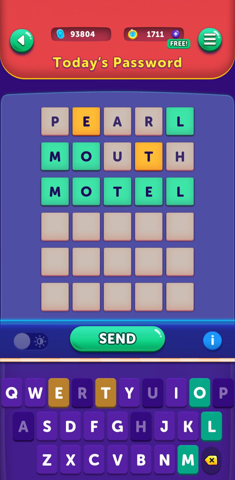 Word puzzle game with guessed words and keyboard.