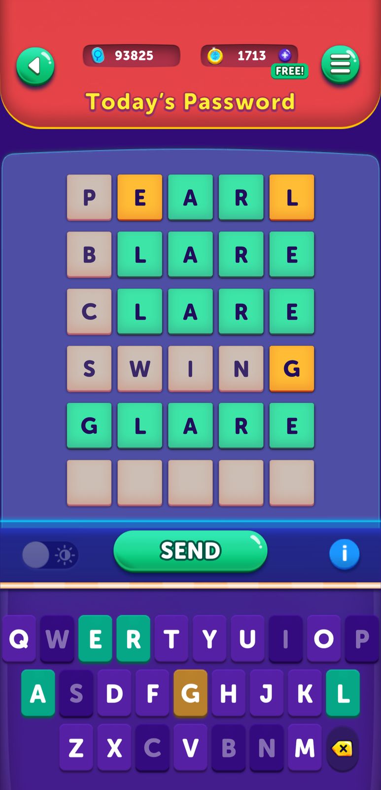 Colorful word puzzle game interface with keyboard.