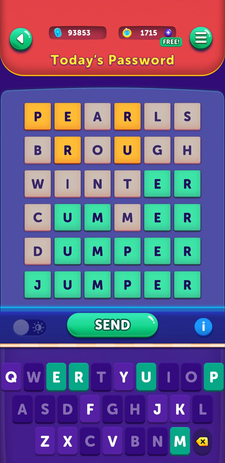 Colorful word puzzle game interface with keyboard.