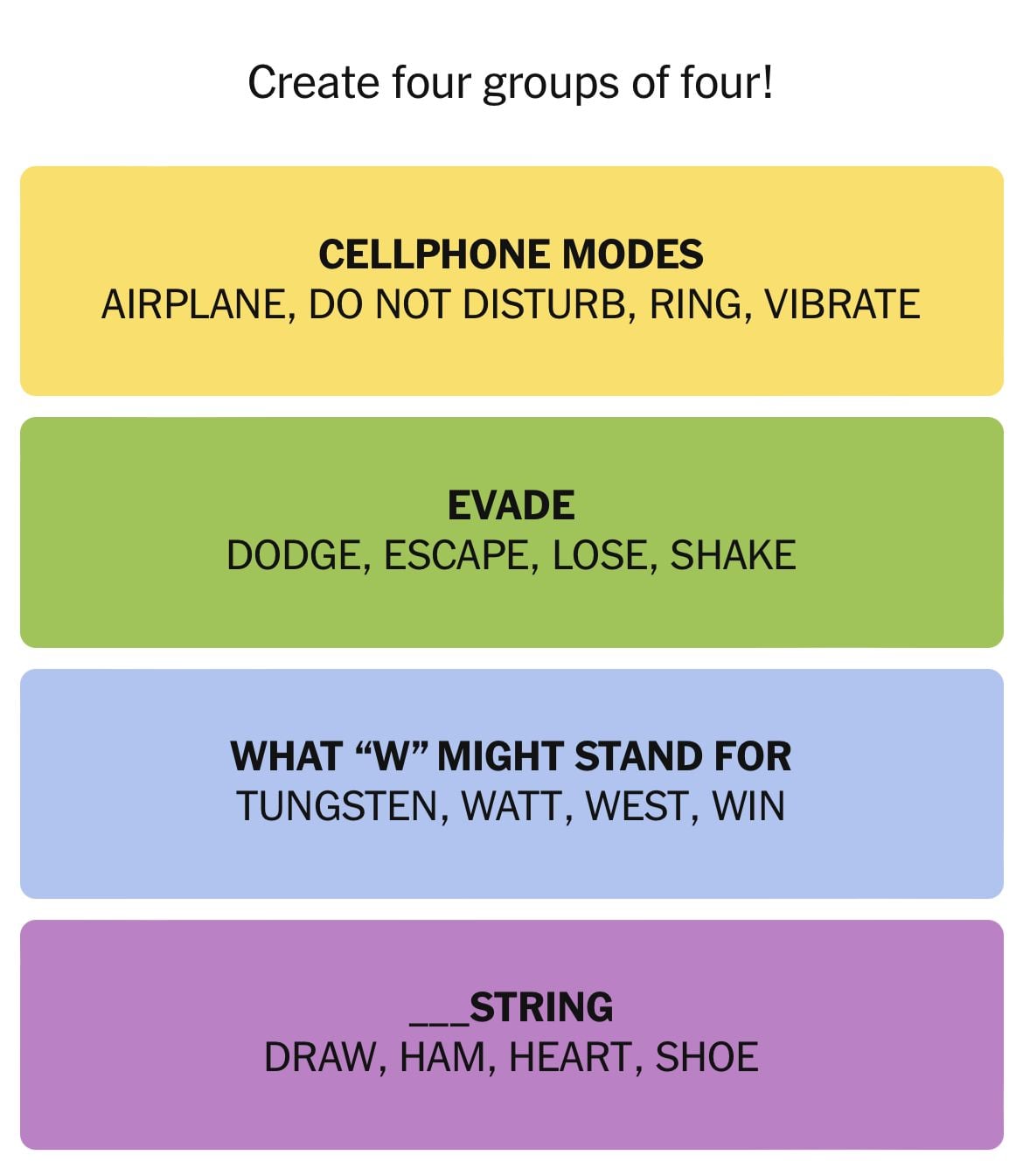 Four groups of words to categorize.