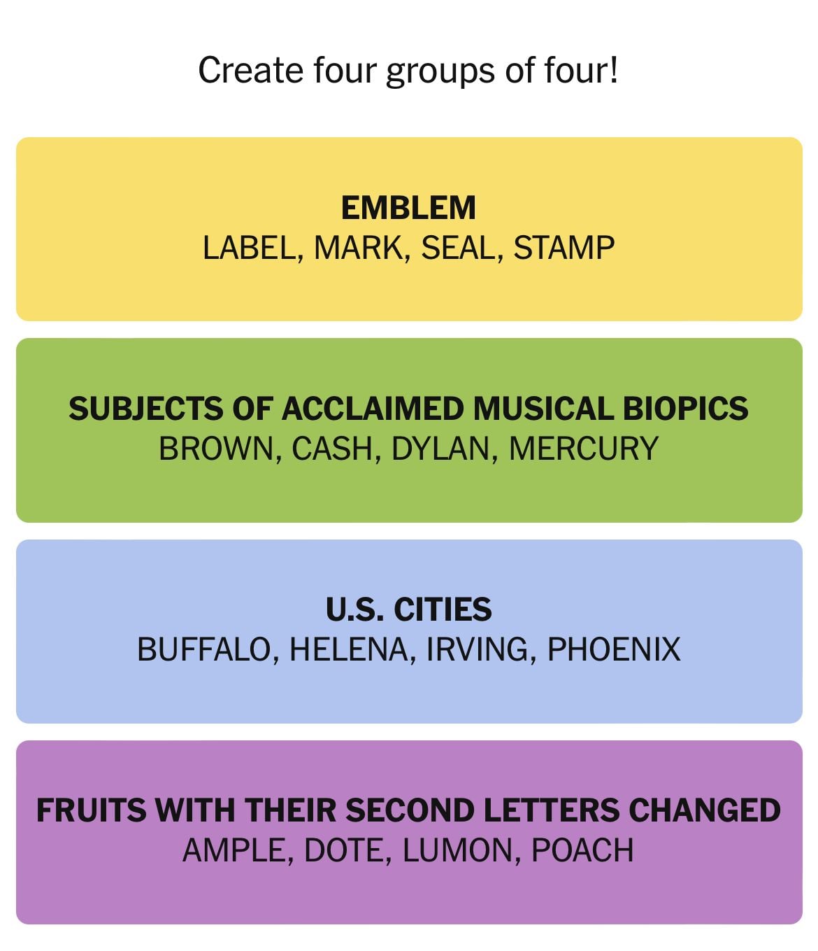 Create groups of four with given categories and items.