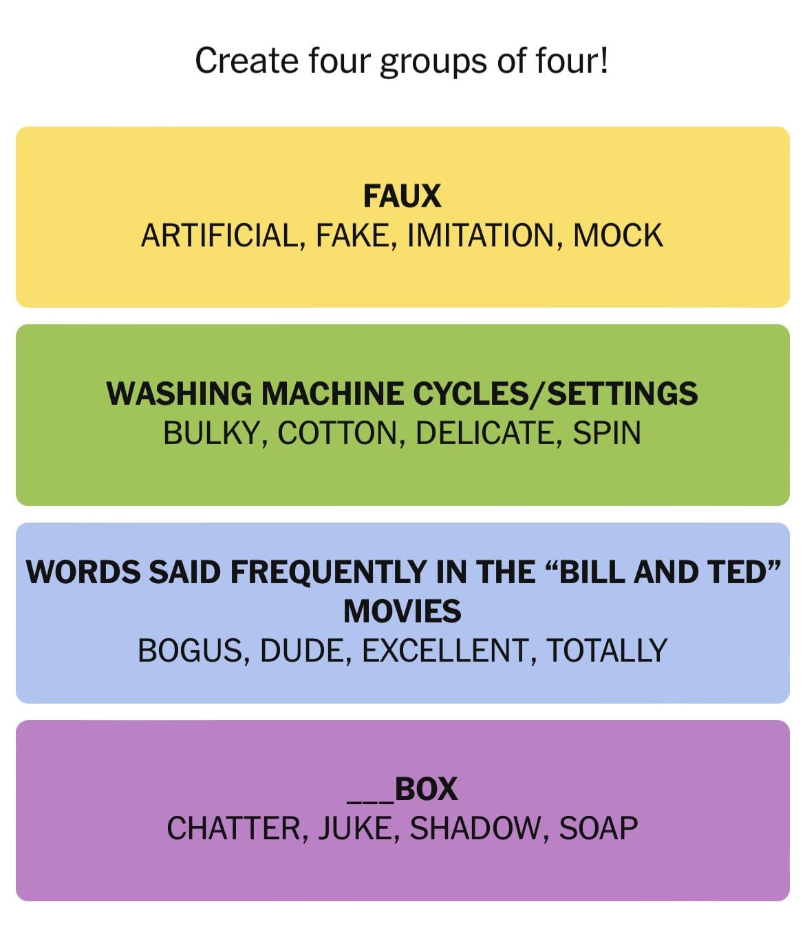 Group words by categories: faux, washing, movies, box.
