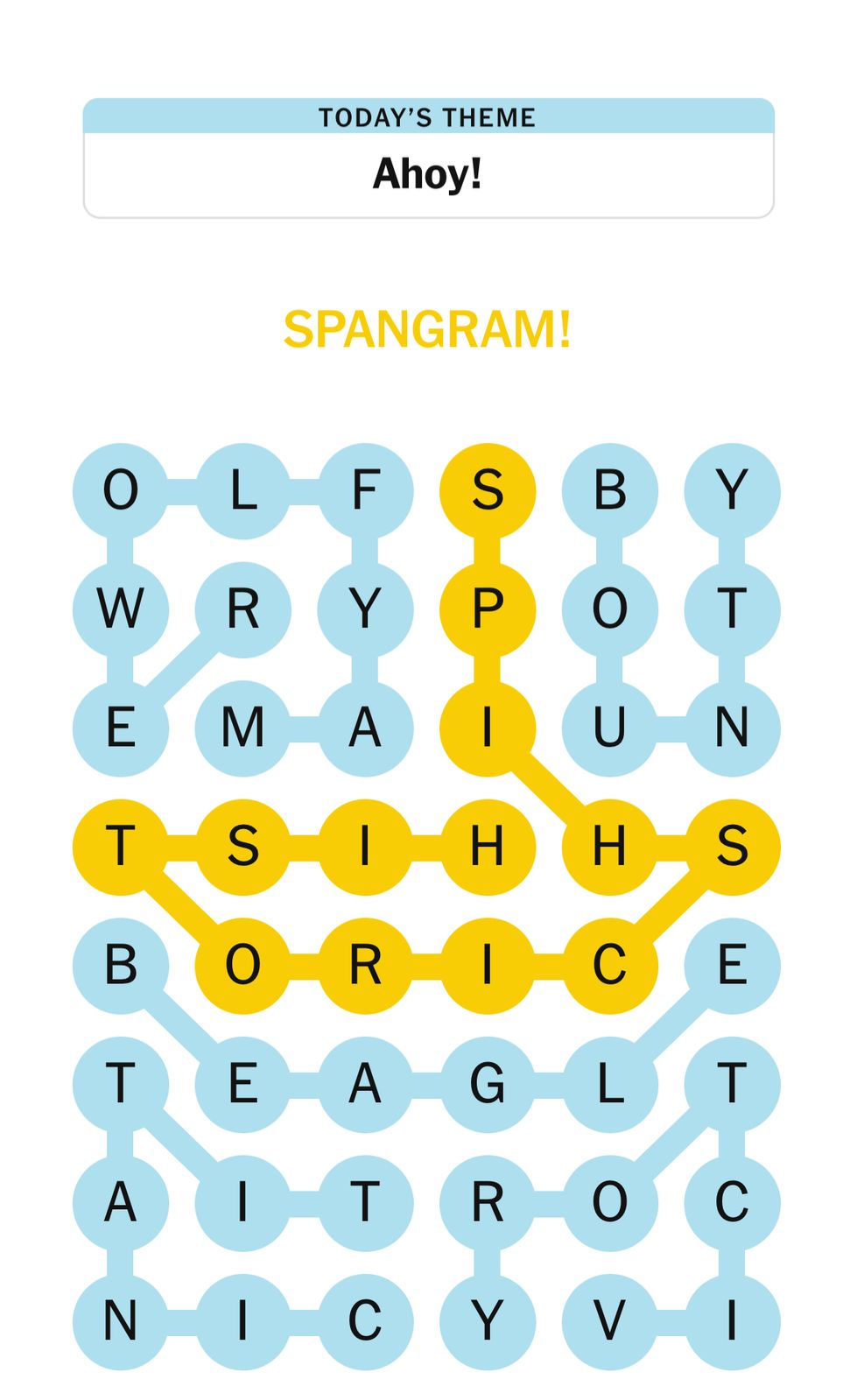 Word puzzle with theme Ahoy and highlighted words.