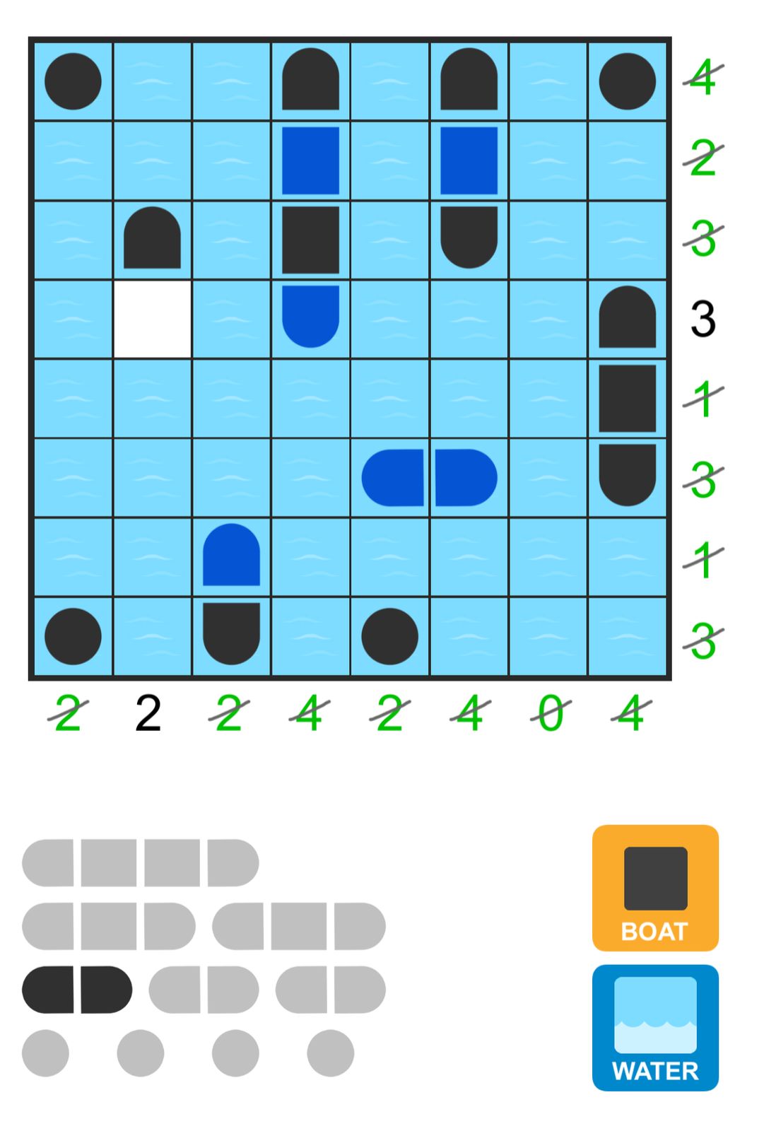 Battleship puzzle grid with numerical clues.