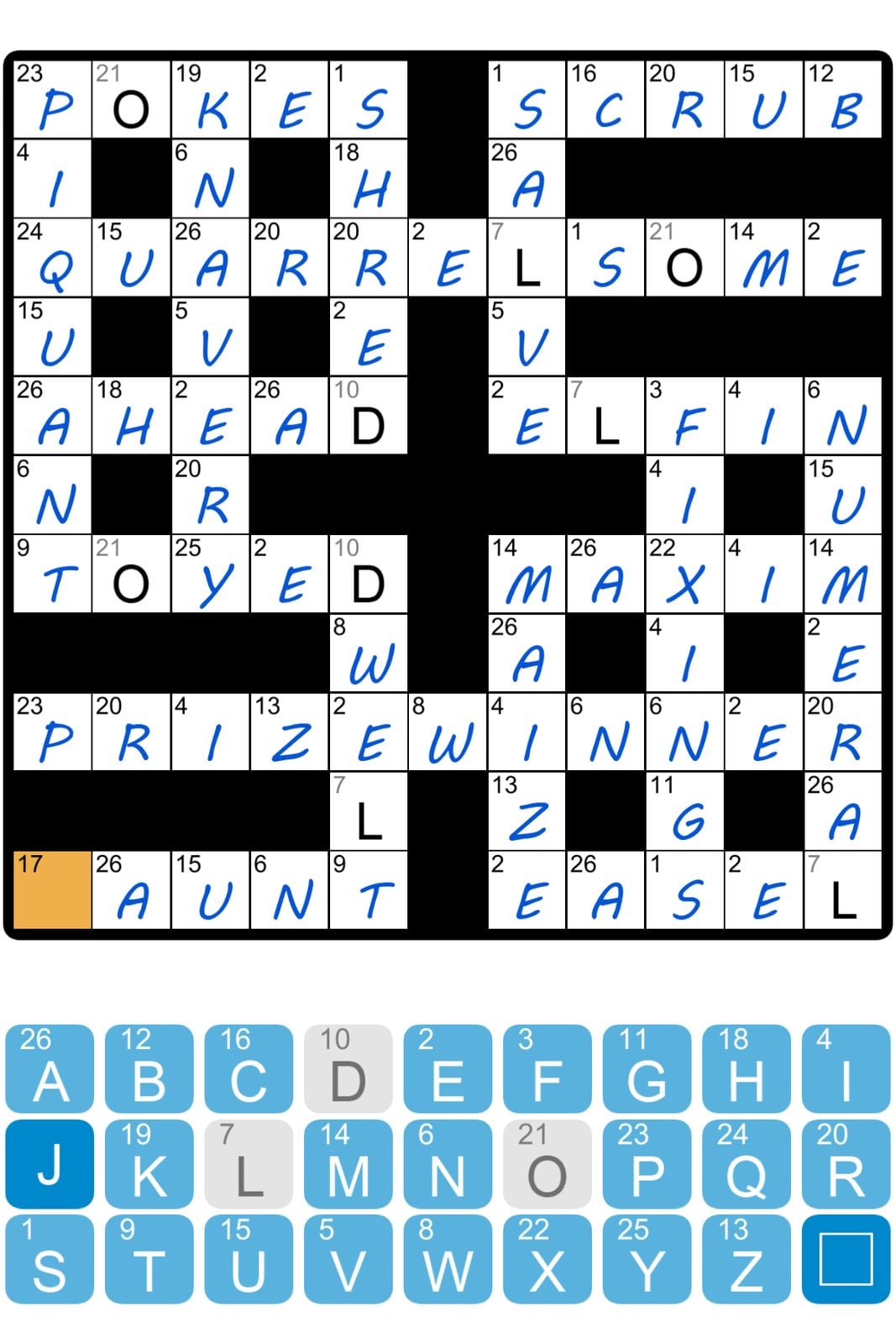 Crossword puzzle with letters and black squares.