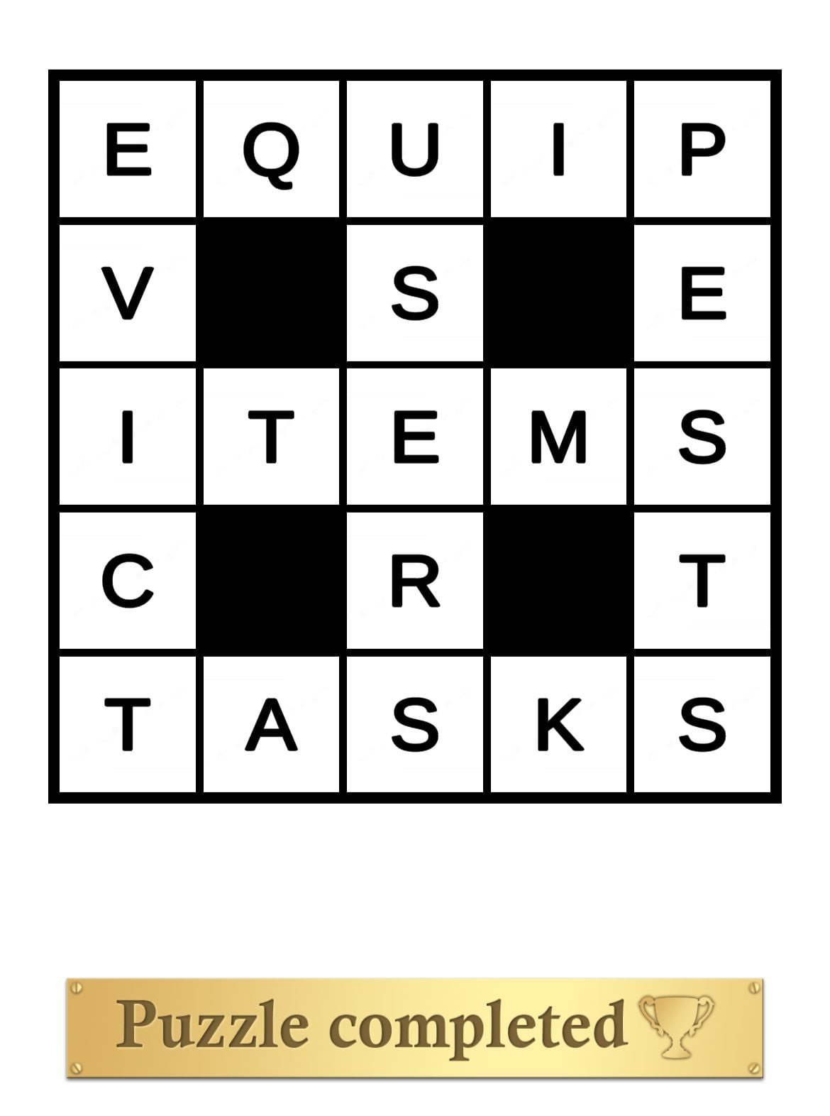 Word puzzle saying 'Puzzle completed' with trophy.