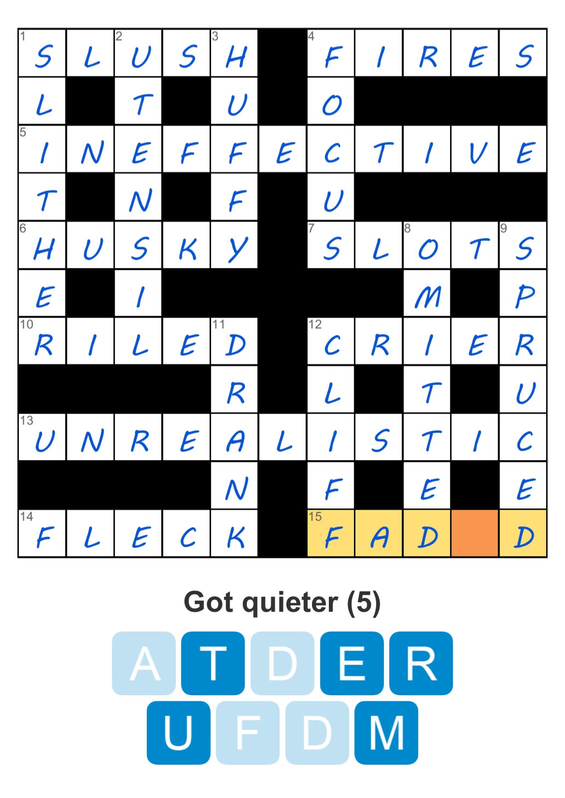 Crossword puzzle with completed and blank cells.