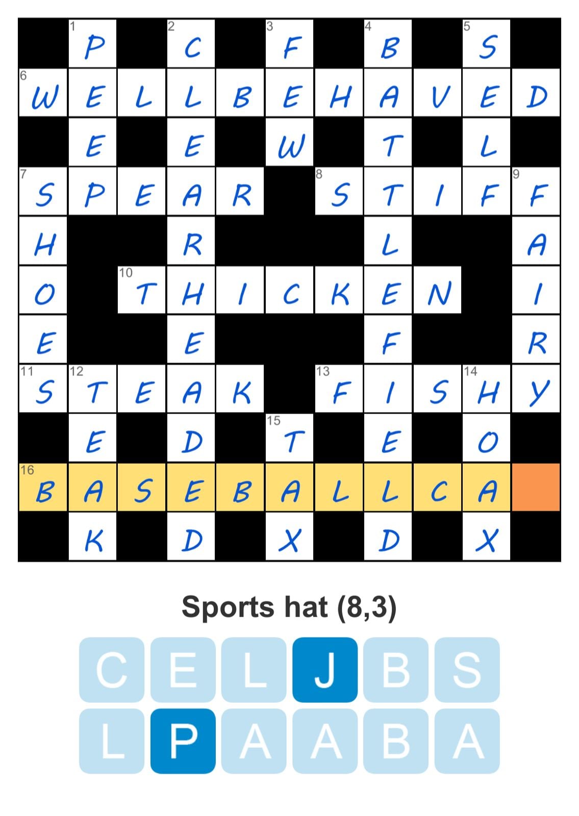 Crossword puzzle with highlighted word 'BASEBALLC'.
