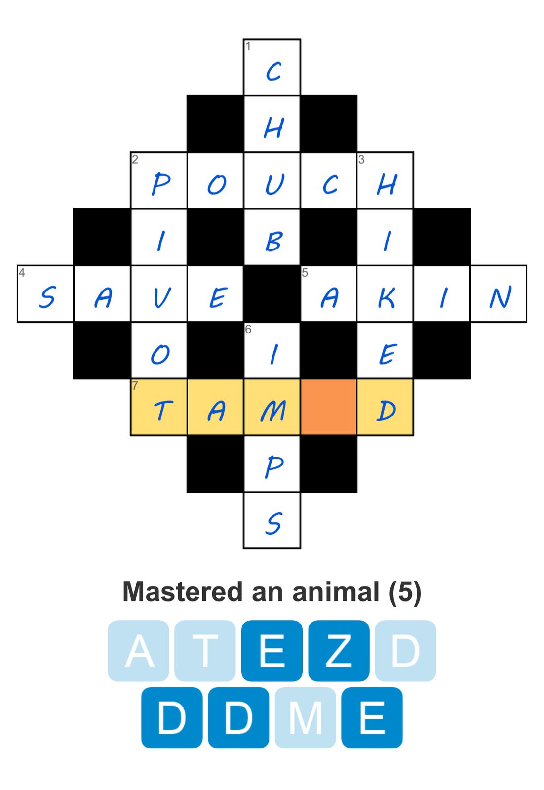 Crossword puzzle with highlighted answer: TAMED.