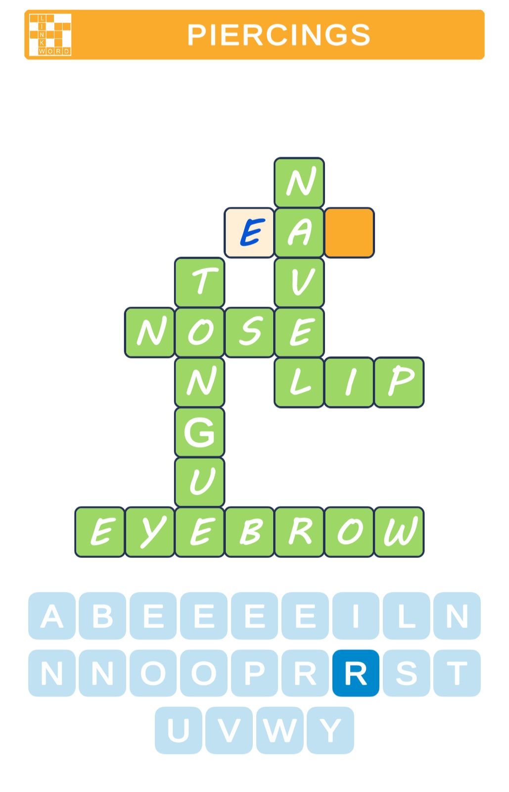 Piercings word puzzle: navel, tongue, nose, lip, eyebrow.