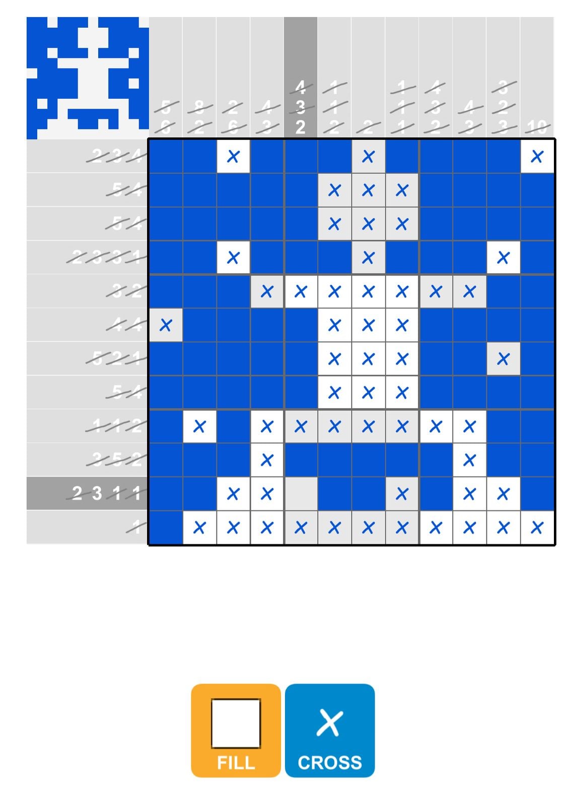 Nonogram puzzle grid partially completed with numbers.