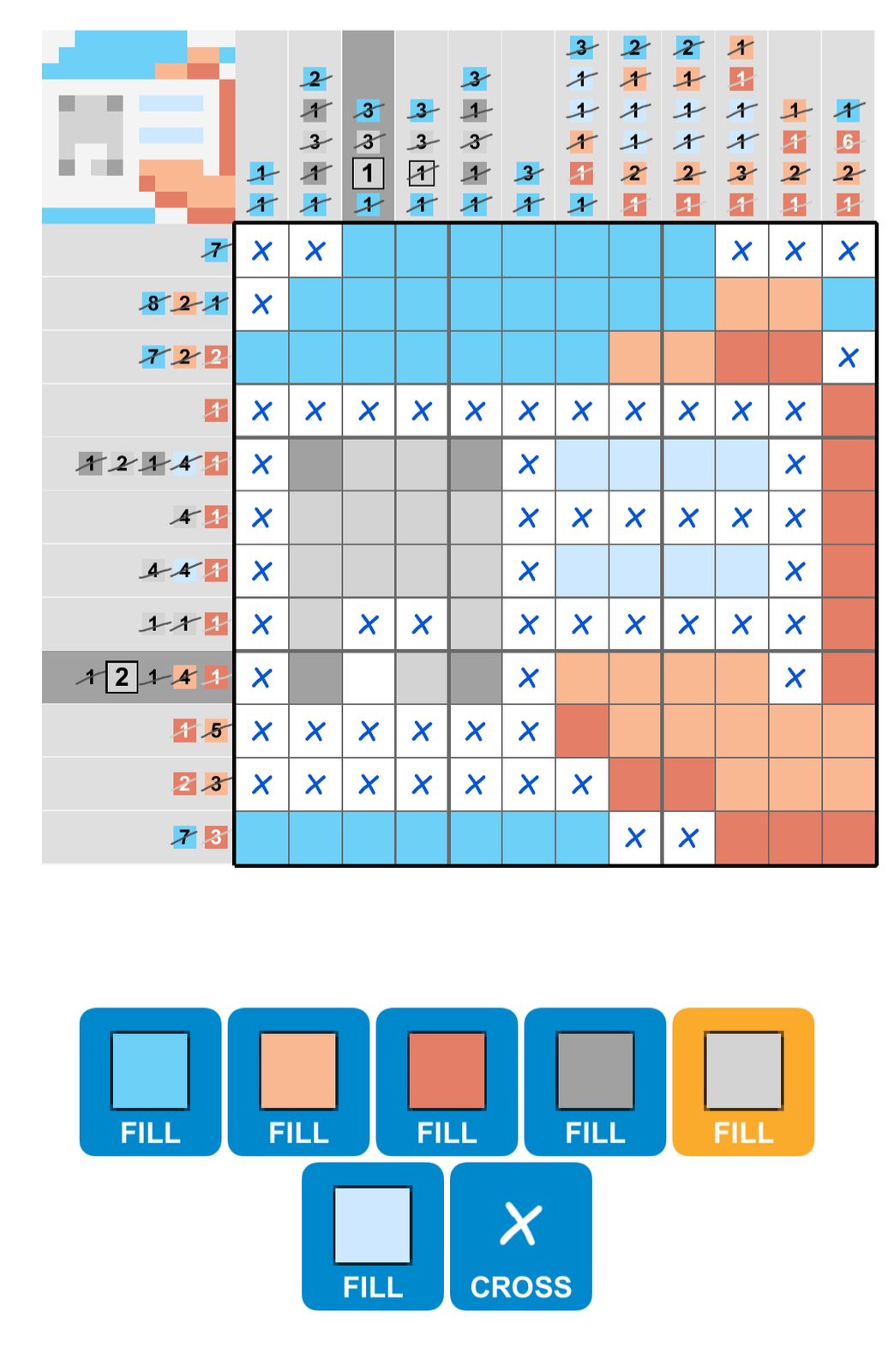 Colorful nonogram puzzle with filling and crossing tools.