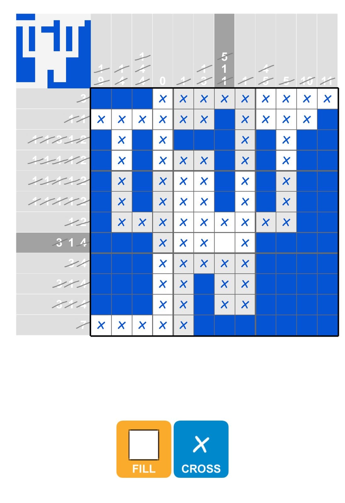 Nonogram puzzle with a filled blue pattern.