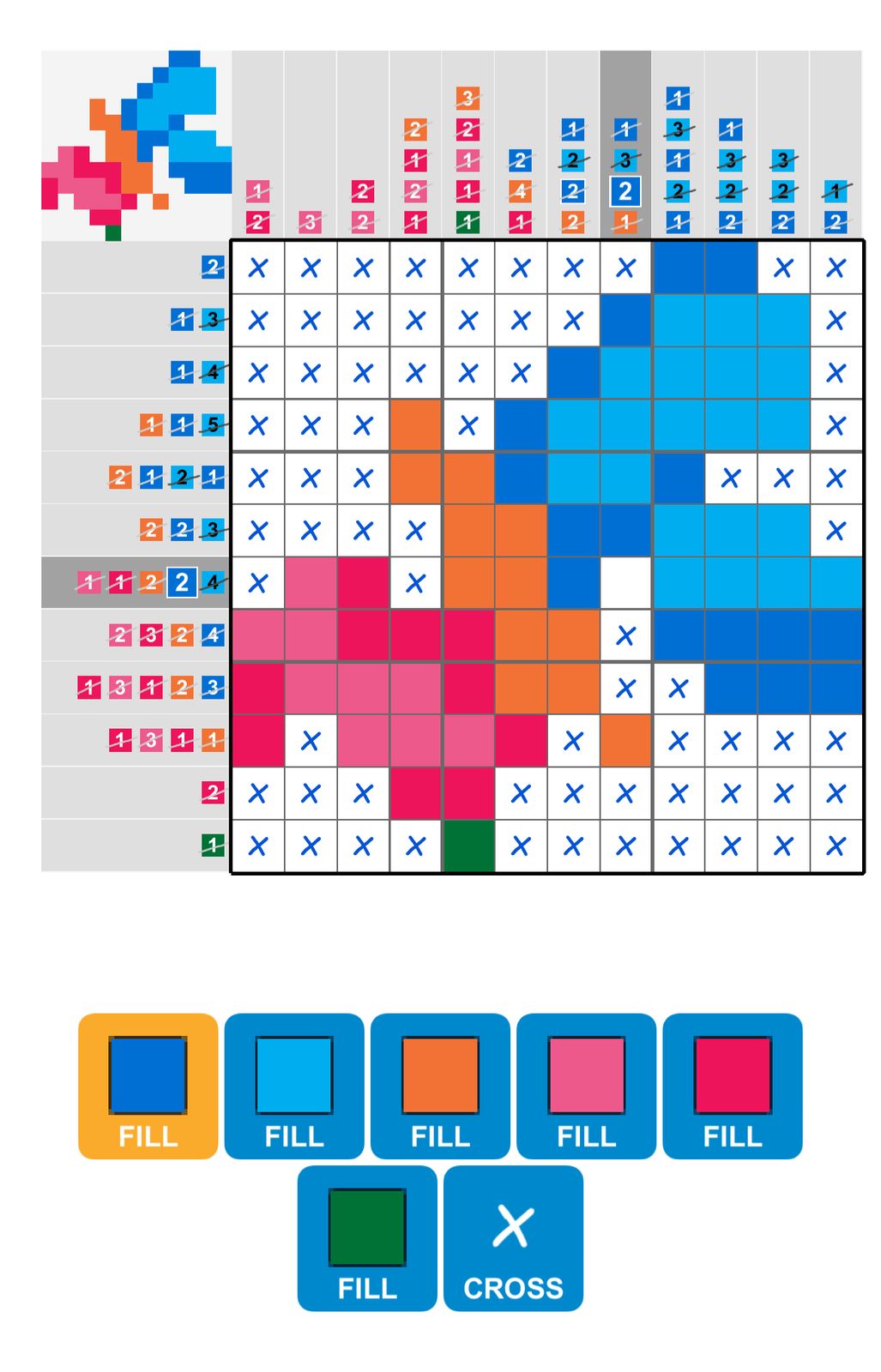 Colorful nonogram puzzle playing interface