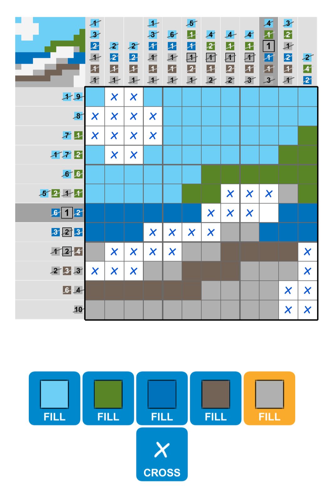 Nonogram puzzle with grid and color options.