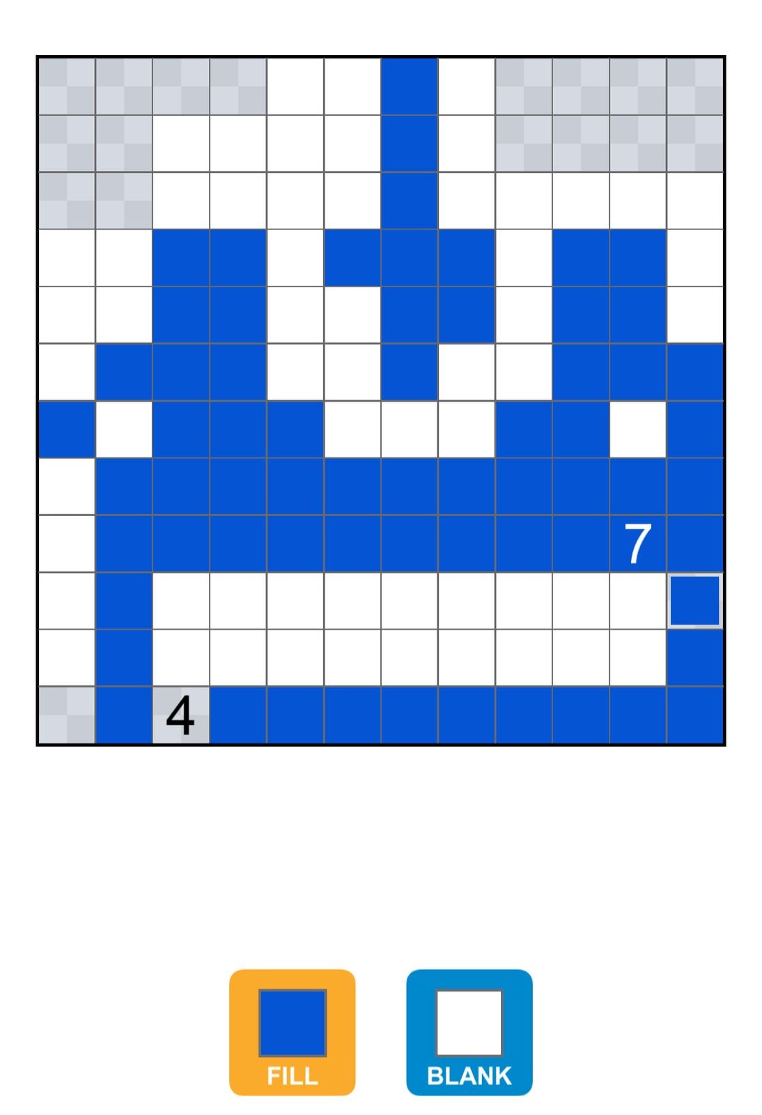 Nonogram puzzle with blue and white squares.