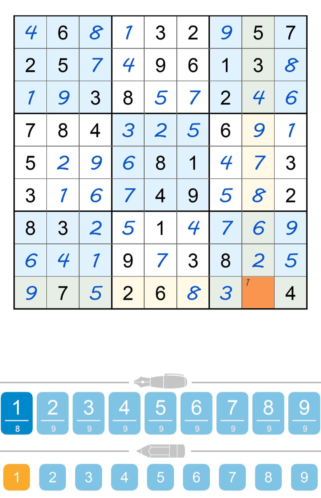 Partially completed Sudoku puzzle with highlighted numbers.