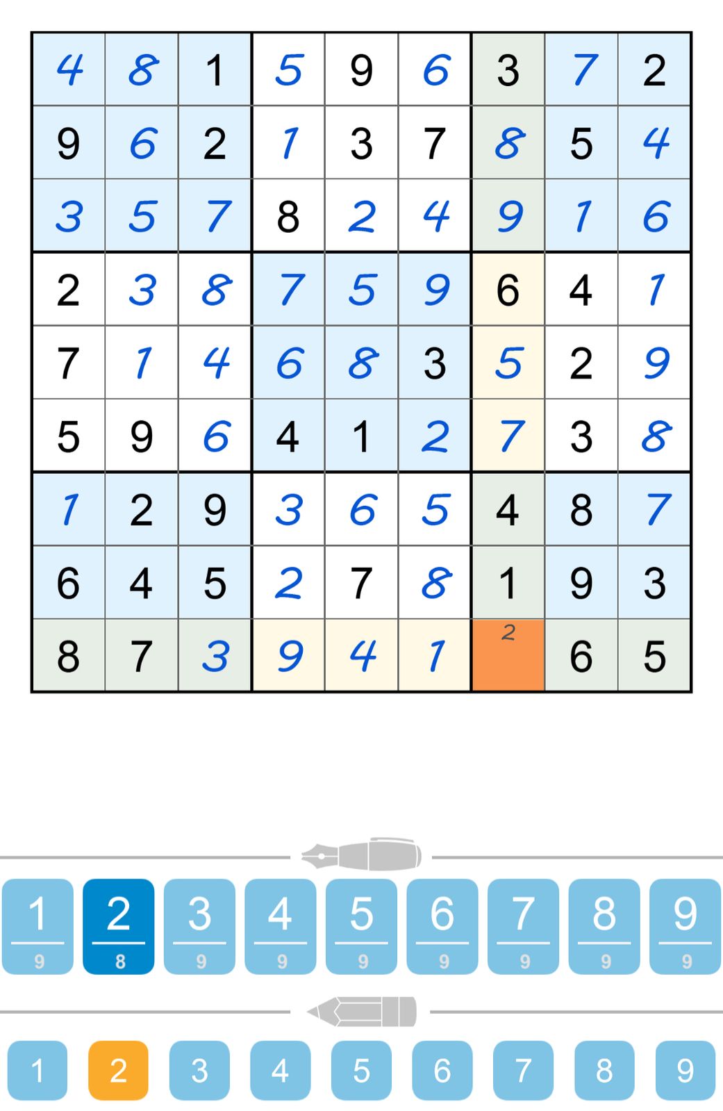 Sudoku puzzle partially completed with numbers.