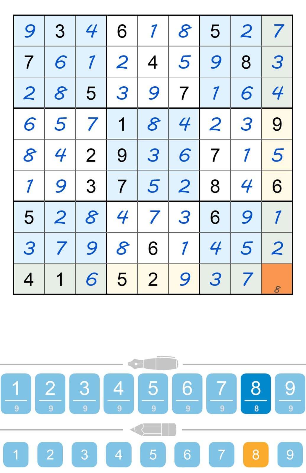 Partially completed Sudoku grid with number options below.
