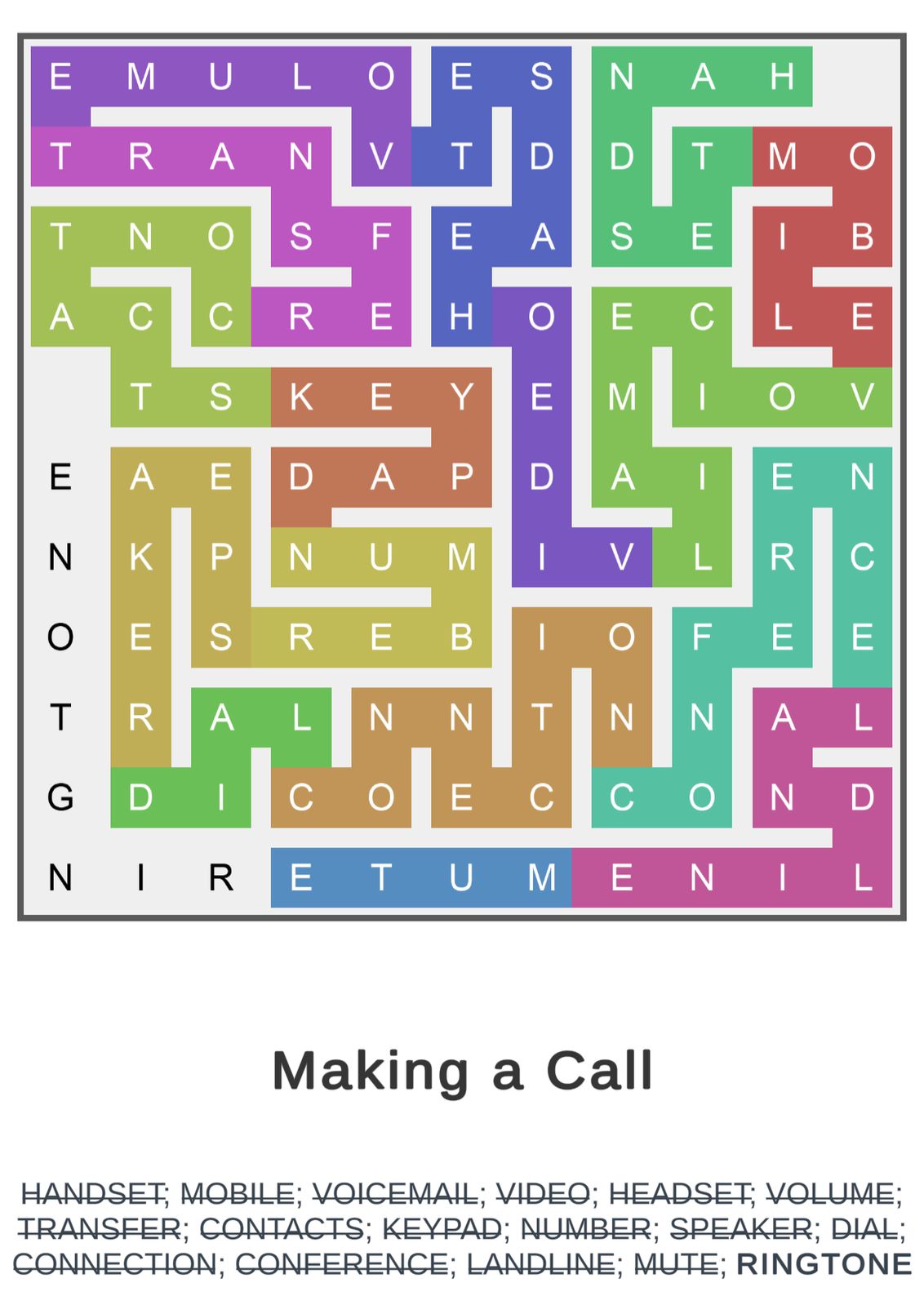 Colorful word search puzzle about making phone calls.