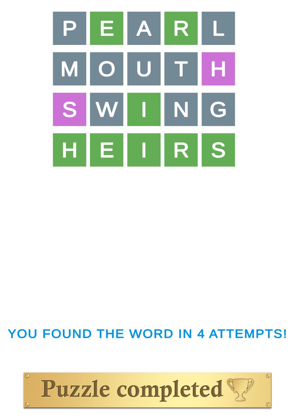 Word puzzle completed in four attempts