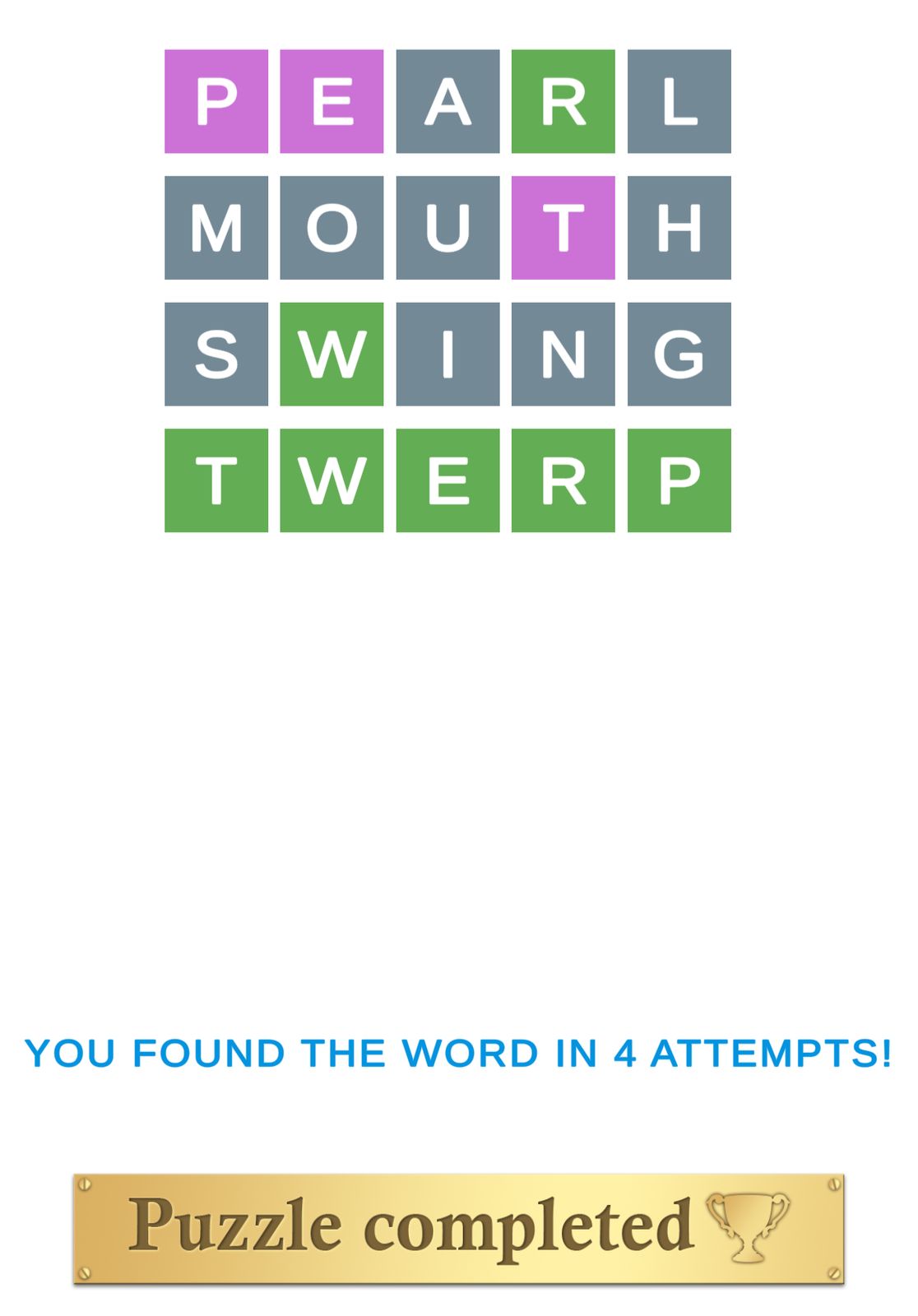 Word puzzle completed in four attempts.