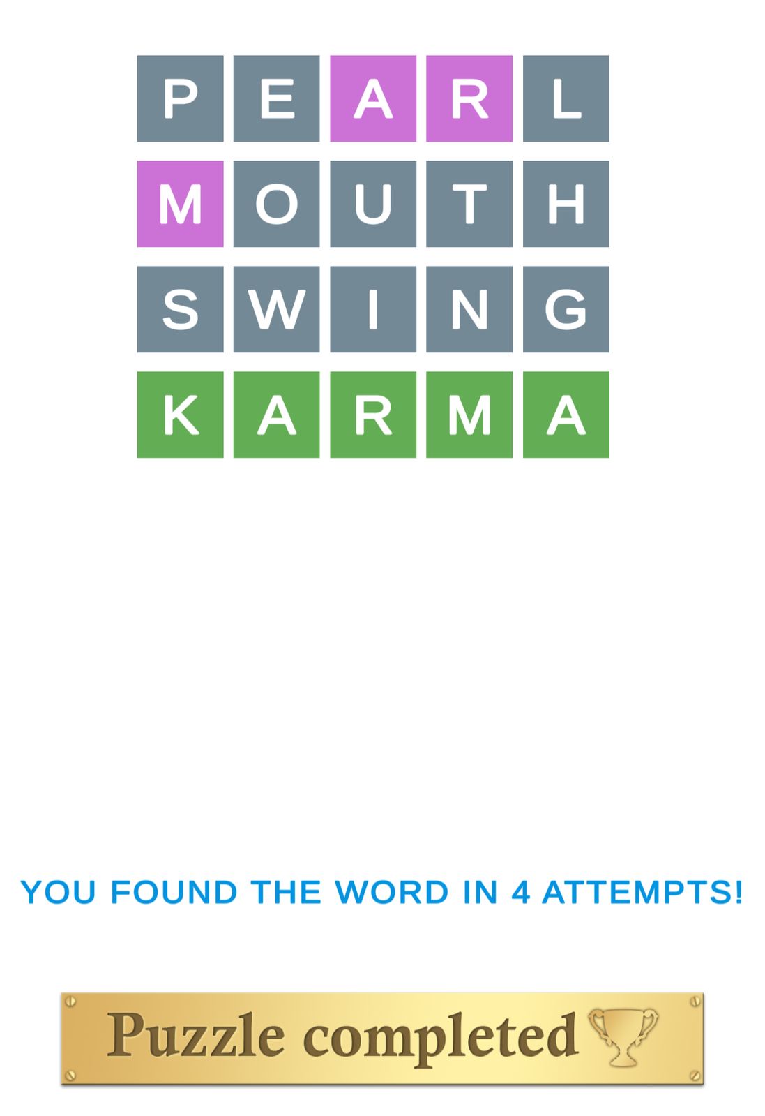 Puzzle Page Wordy March 7 2025 Word puzzle completed in four attempts.