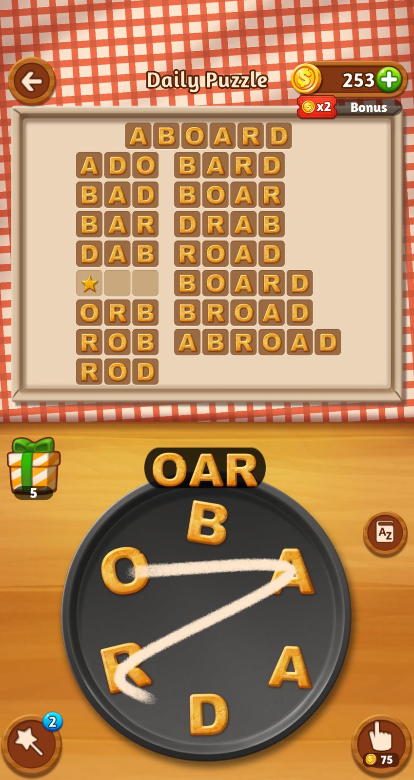 Word puzzle game with circular letter connections.