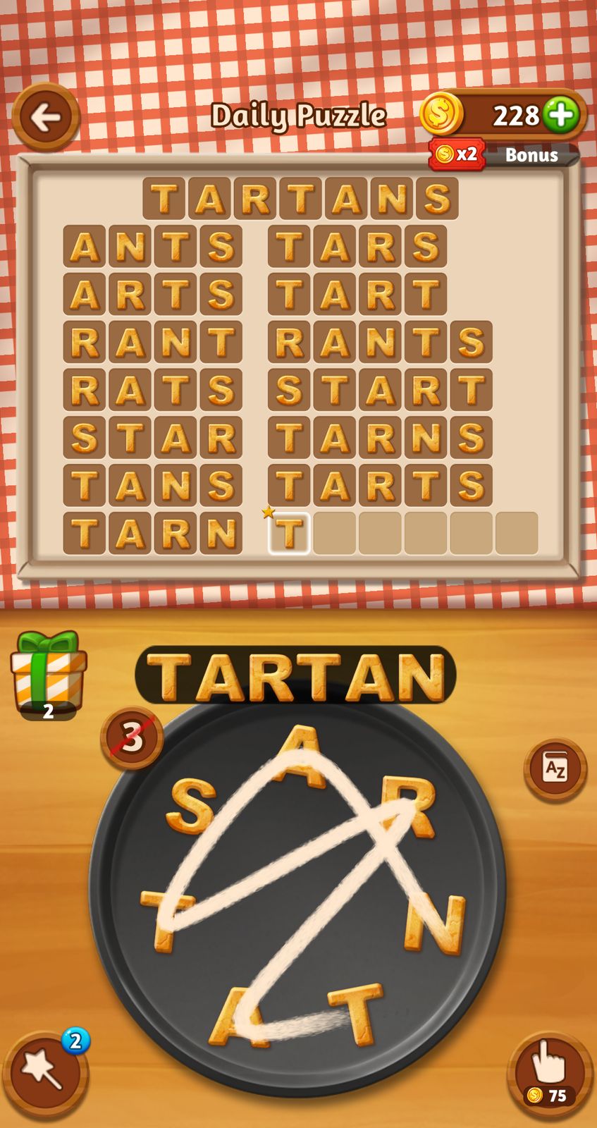 Word puzzle game with grid and coin icons.