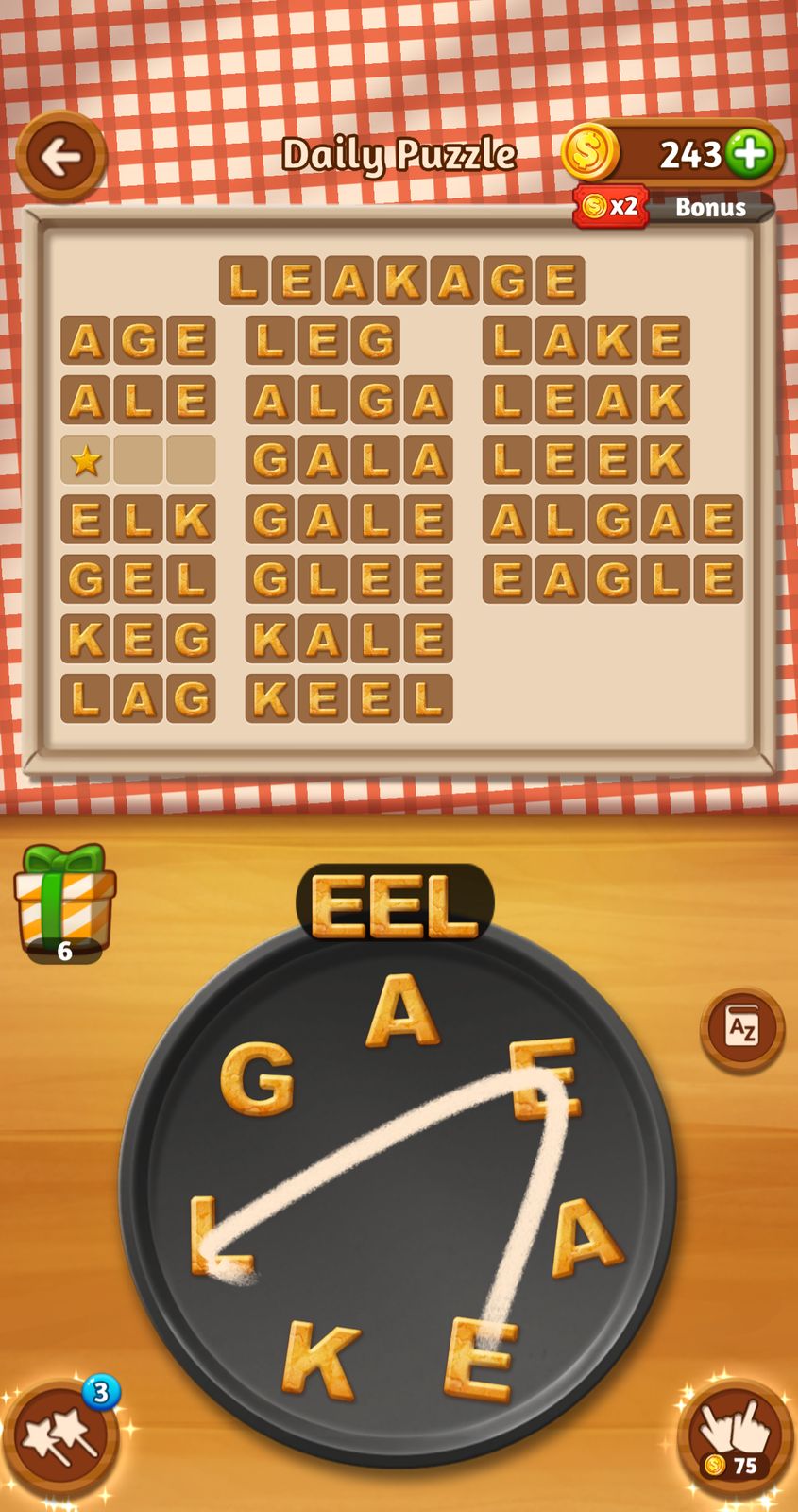 Word puzzle game with scrambled letters and solutions.