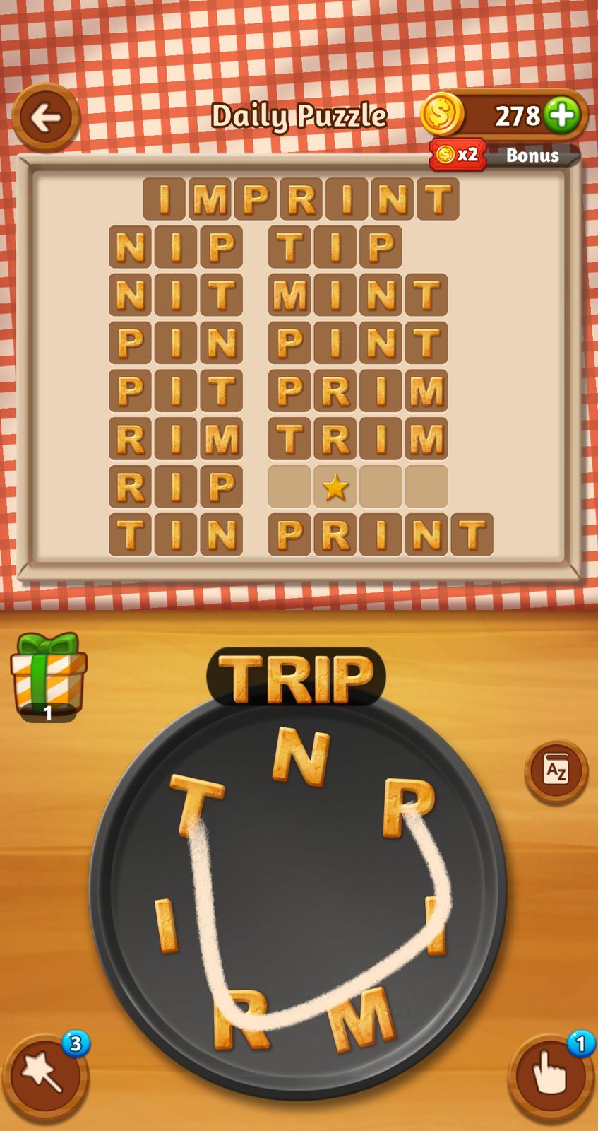 Word puzzle game with letter circle and grid.