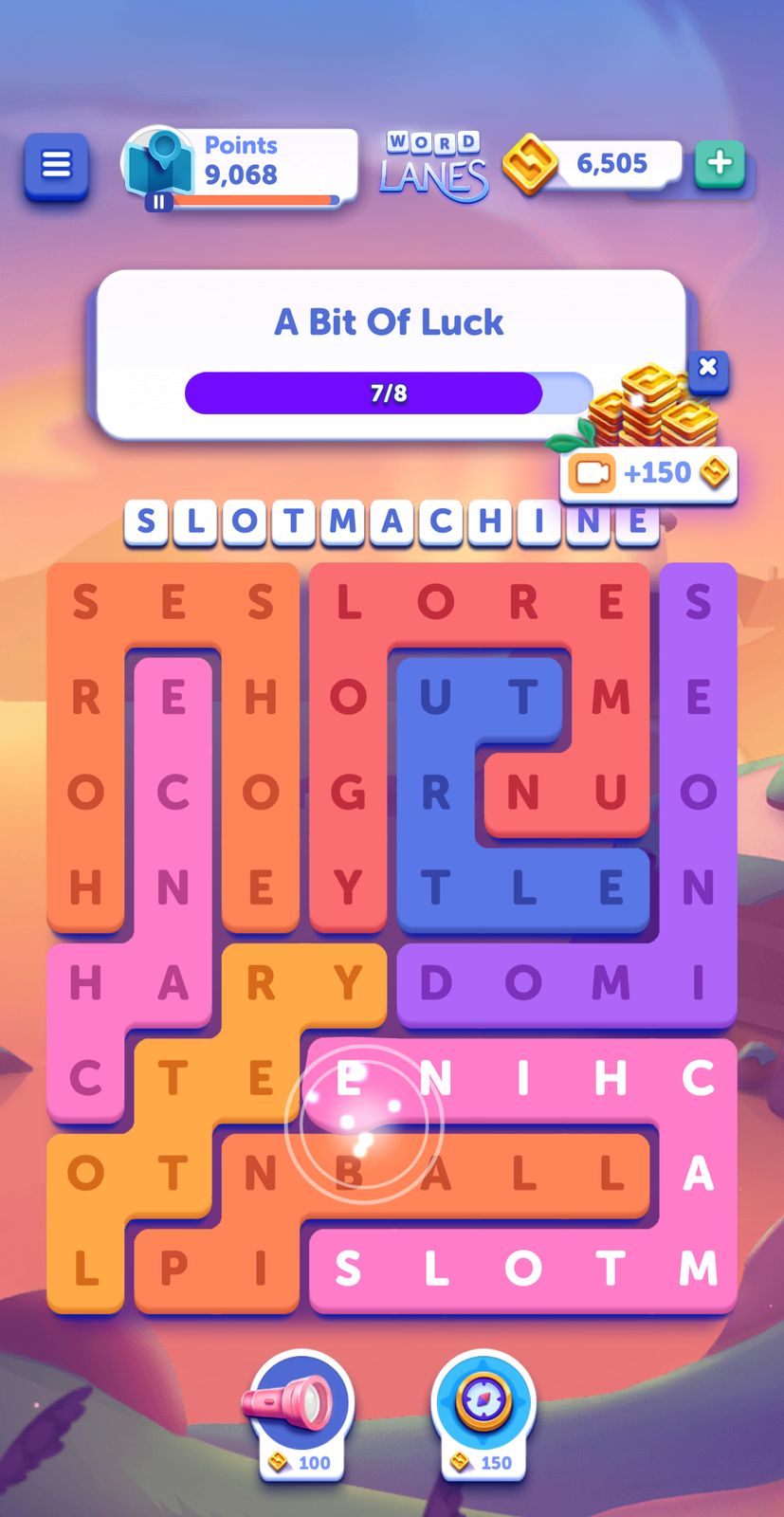 Word puzzle game interface with points and rewards.