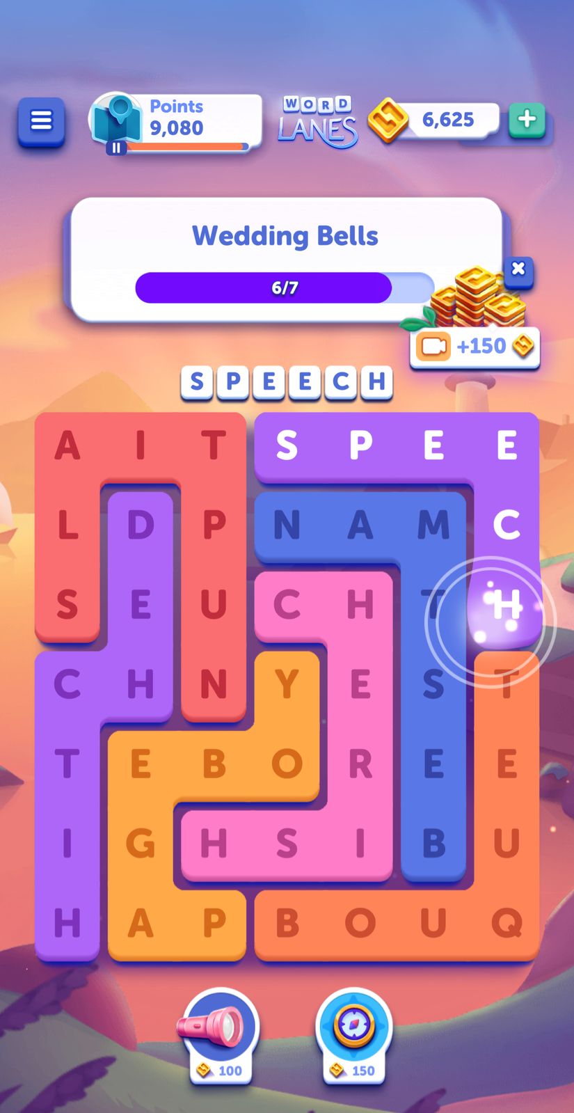 Word puzzle game interface showing points and word list.