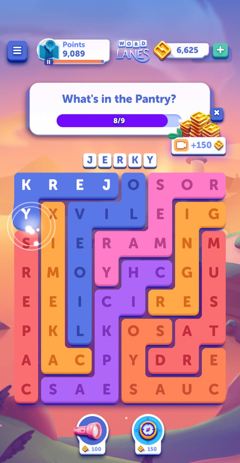 Word Lanes game screenshot with points and coins.